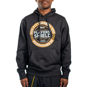 Black Hoodie with Pocket. Design is centered on product and consists of USL Players Sheild Logo combined with the Pittsburgh Riverhounds Logo