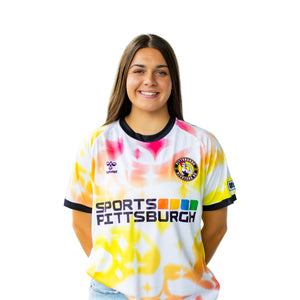 Woman wearing a colorful Pittsburgh Riveters jersey with 'Sports Pittsburgh' text on a white background